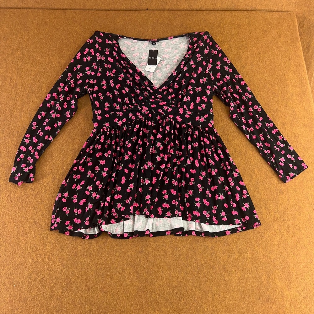Torrid Womens 1 Black Jenna Floral Twist Front Slinky Tunic Babydoll Dress NWT